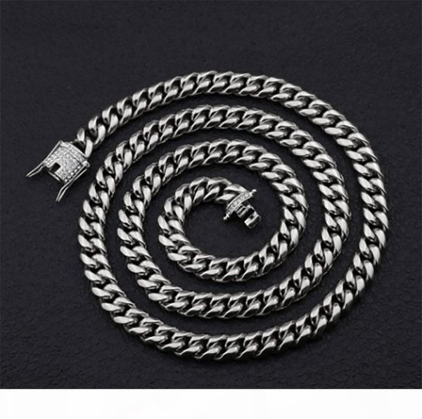

f cool mens necklace gold tone 316l stainless steel miami cuba link chain with diamond clasp lock 10mm width 75 cm length, Silver