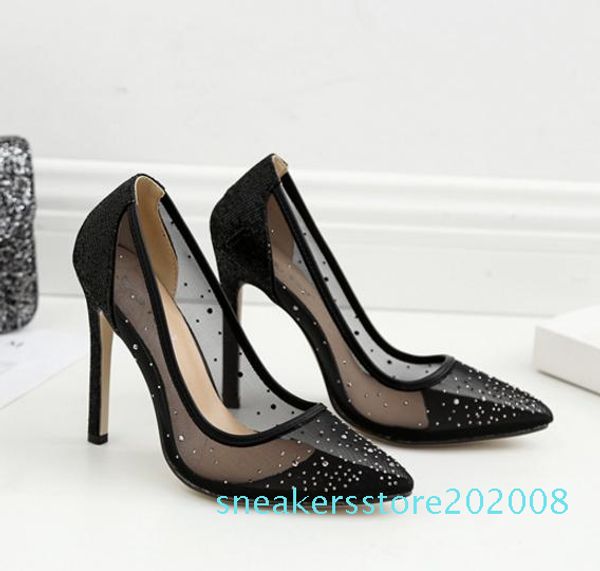 

luxury bridal wedding shoes meshy rhinestone pointed pumps fashion luxury designer women shoes nude silver size 35 to 40 s08, Black