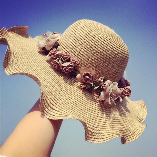 

korean style flower straw women's cute screen wavy edge sun sun hat sunshade hat, Blue;gray
