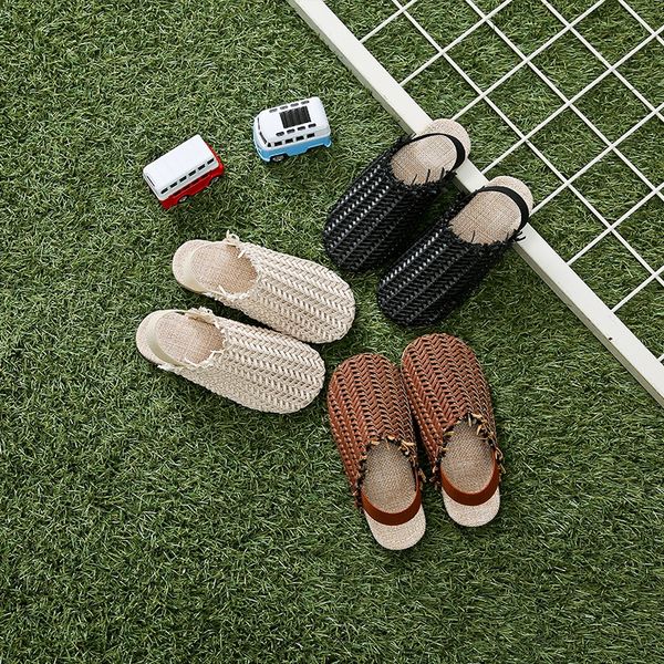 

dt3ox 2019 children's rattan sals slippers braided baotou sandals for boys and girls flat bottom casual one-line slippers for children, Black;red