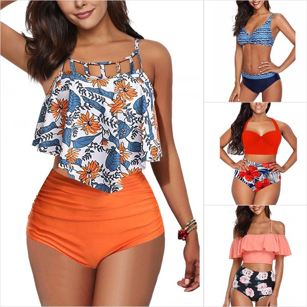 

2020 bikini printed split bikini swimsuit large size women's high waist swimsuit, White;black