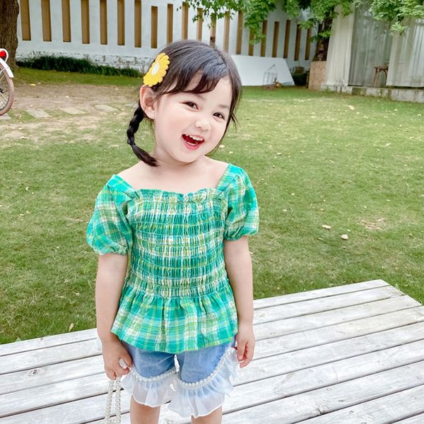 

women's wear children's clothing summer new plaid korean children's short-sleeved shirt babies' fashionable shirt, White;black