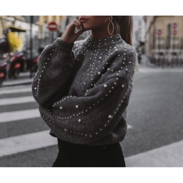

women's pullover 2020 autumn winter new o-neck pullover knit sweater women's loose pearl decorative lantern sleeve sweater, White;black