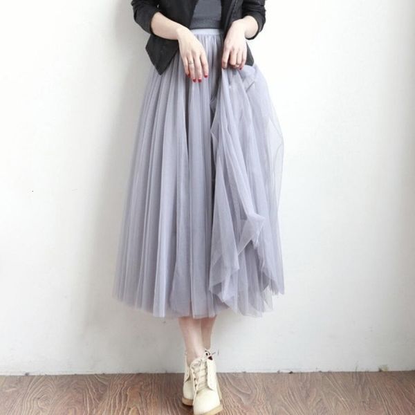 

2020 autumn winter elegant women long midi skirt korean fashion ladies elastic high waist tulle mesh tutu skirt female, Black