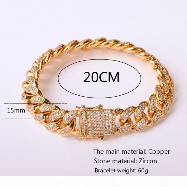 

12mm 6 7 8 9 10inches men zircon miami cuban link chain bracelet gold silver rosegold thick heavy cz hiphop jewelry, Golden;silver