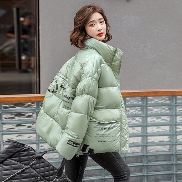 

korean style women's winter jacket with zipper stand collar printing loose female parkas thick cotton padded women puffer coat, Black