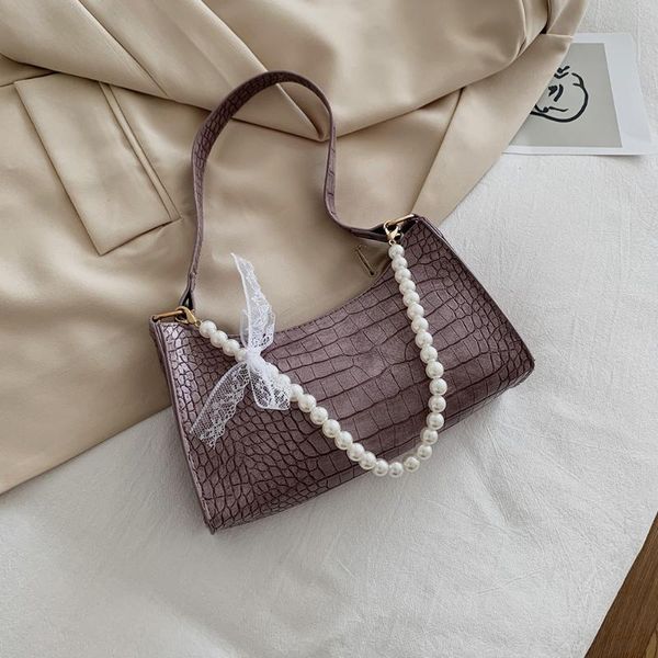 

fashion women alligator pu handbag solid pearl bow shoulder underarm bag
