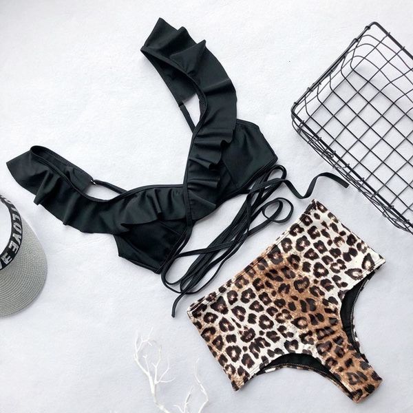 

ruffled high waist bikini 2020 women leopard swimwear two pieces suit bather wrap around bathing swimsuit 5103, White;black