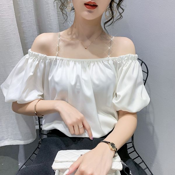 

2020 summer new off-shoulder collar chiffon shirt shirt elegant solid color for women, White