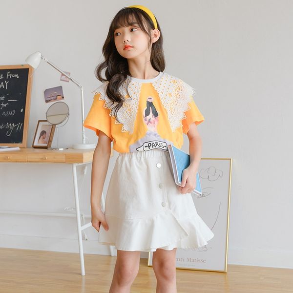 

sngu8 девушки мультфильм кружева с коротким рукавом t- 2020 летней одежды чистого хлопка кружевной воротник рубашки база детская модная футб, Blue