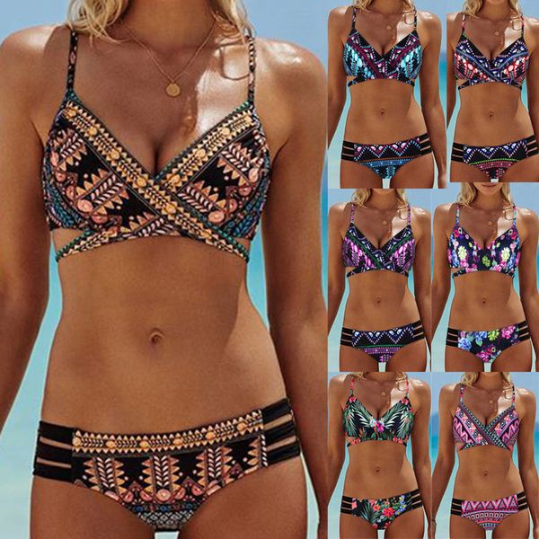 

2020 women bikinis bohemia leaf print push up padded bra beach biquini set swimsuit swimwear bathing suit f1, White;black