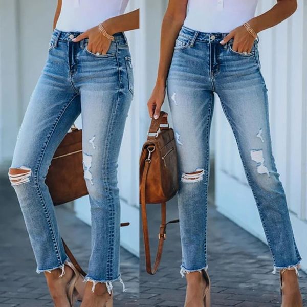 

2020 womens stretch skinny ripped hole washed denim jeans female slim jeggings high waist pencil pants trousers#j3, Blue