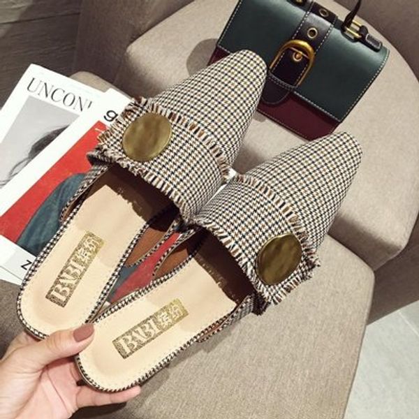 

2020 лето новый ломаную ретро плед половина баотоу плоское дно мула тапочки, Black