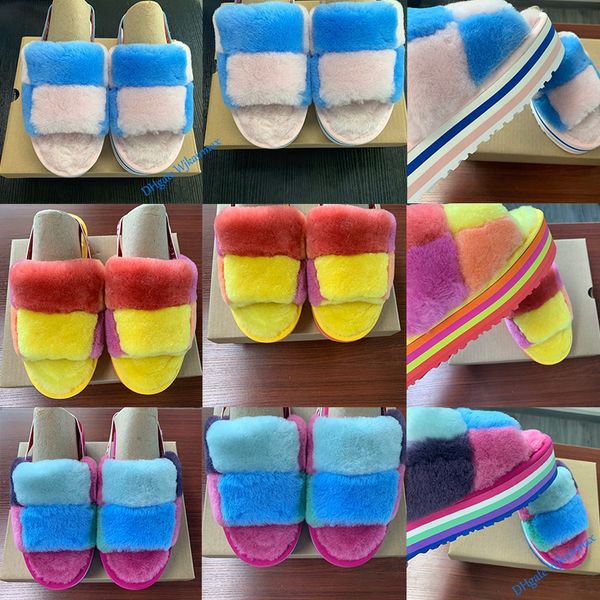 

women pantoufle slipper furry designer slippers fur rainbow mules disco g checker slide slides platform sliders hausschuhe thick bottom u, Black