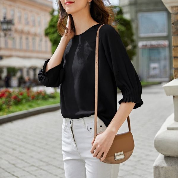 

2020 summer new s230 solid color seven-quarter sleeve real silk shirt casual loose round neck fashion simple shirt, White