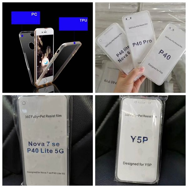 Huawei P40 Lite E Pro V30 Nova 7 6 Y8P Y6P Y5P NOVA 7SE 360 Derece Sert PC Plastik Yumuşak TPU Net Şeffaf Kristal Çift Taraflı 2in1 Kapak
