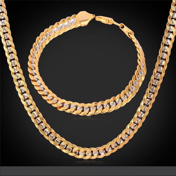 

6MM Gold Chain 18K Stamp Men Women 18K Two Tone Gold Plated Curb Chain Necklace Bracelet Set