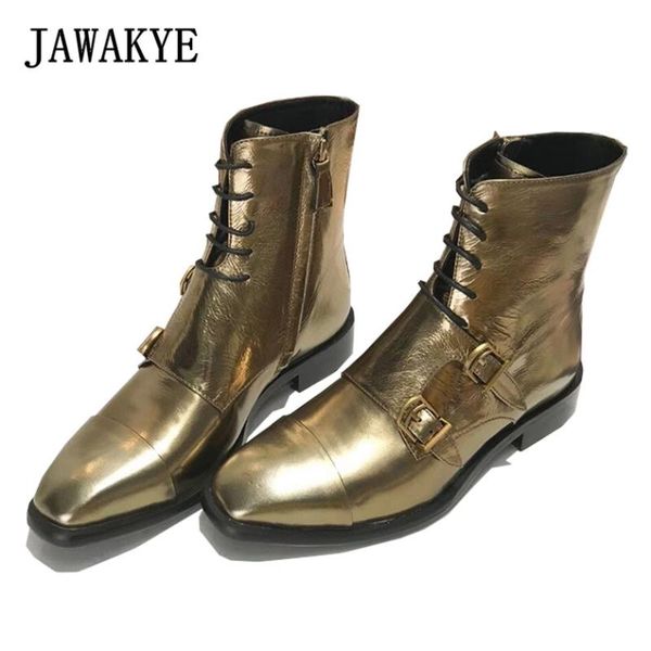 

jawakye genuine leather buckle ankle boots women square toe zipper short boots woman black gold winter flat shoes cowboy