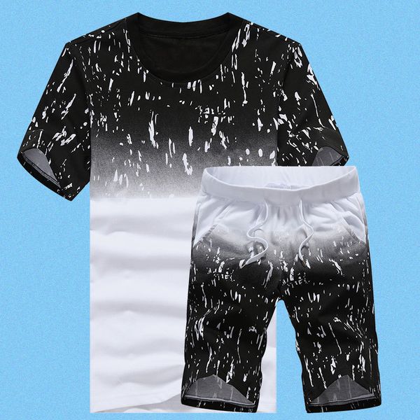 

summer gradient color spots two piece short sleeve man t-shirt suit casual outdoor sports hiking jogging t shirt shorts men set, Black;blue