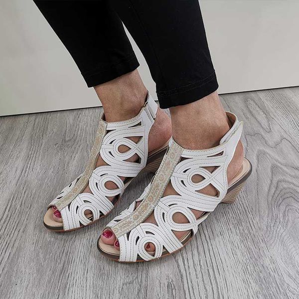 

laura vita 2020 new sandals women bohemian genuine leather summer shoes adjustable sandals square mid-heels white flourish, Black
