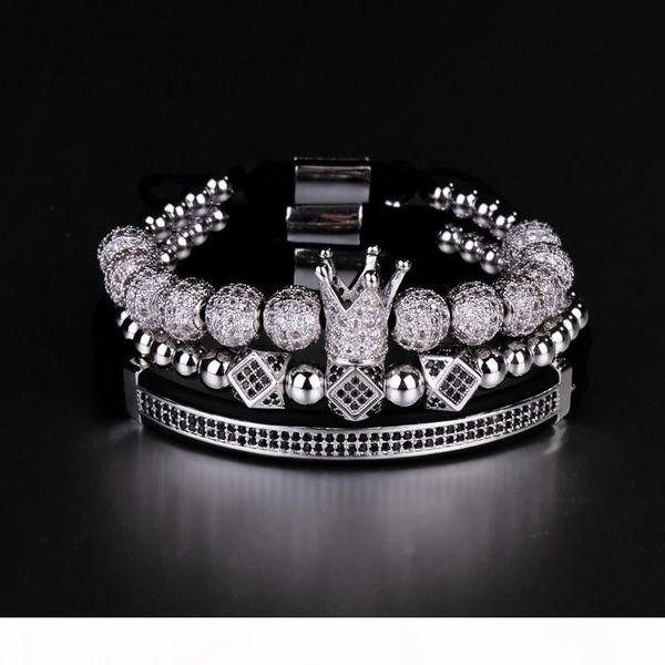 

3pcs set hip hop gold crown bracelets 8mm cubic micro pave cz ball charm braided braiding man luxury jewelry pulseira bileklik c19021501, Black