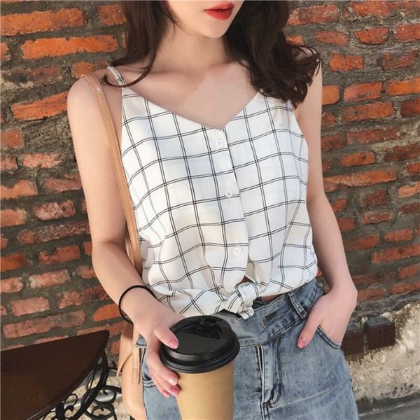 

2020 korean camisole vest style plaid v-collar sling vest women's inside and outside short chiffon base shirt top, Camo