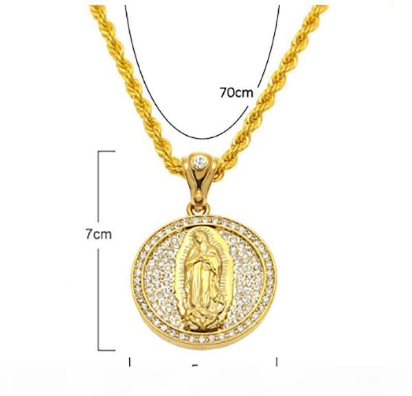 

k 18k позолоченный iced out cz богородица ожерелье женщины мужчины christian ювелирные изделия крест цинковый сплав круглый тегов ожерелье, Silver
