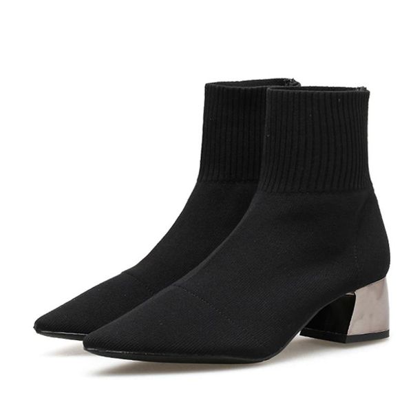 

2020 new autumn winter knitted stretch fabric socks women boots low heel short boots gray pointedtoe women ankle 35-39, Black