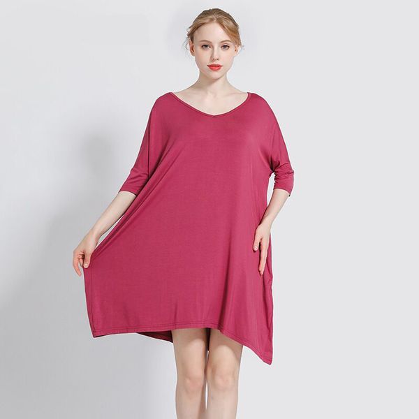 

new modal ladies nightdress loose plus size nightwear women nightgowns solid elastic sleepwears for female nighty sleepshirts, Black;red