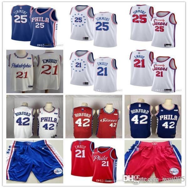 

mens philadelphia 76ers 21 joel embiid 25 ben simmons 42 al horford basketball jersey basketball shorts, Black;red