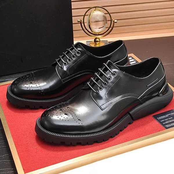 

fashion classic derby shoes breathable mens shoes type vintage leather dress fashion brands sneakers formal party office wedding shoes, Black