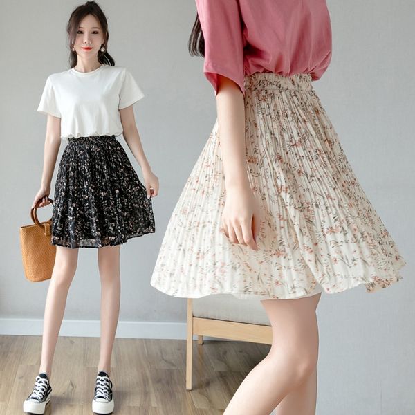 

цветочные шифоновая для женщин алина 2020 новой высокой талии плиссированных юбок марля вертикального битнику aline платье юбки, Black