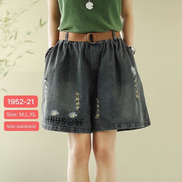 

io3h2 высокой талия рваного лето denim женщин 2020 новых свободного размера вышитых daisy коротких укороченные брюки и шорты вышитых шорты s, Blue