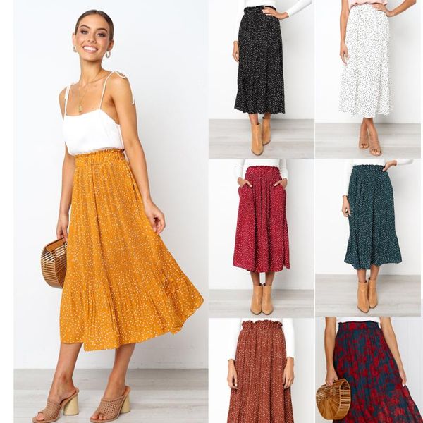 

2020 fashion wild polka white dots pocket pleated women elastic hight waist long skirts elegant vintage female bottom, Black
