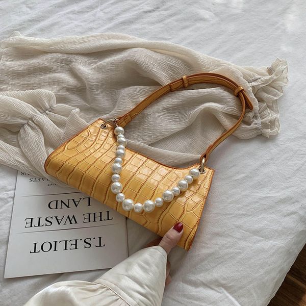 

stone pattern pu leather women small shoulder bag fashion ladies baguette handbags vintage pearl chains female clutch tote bags