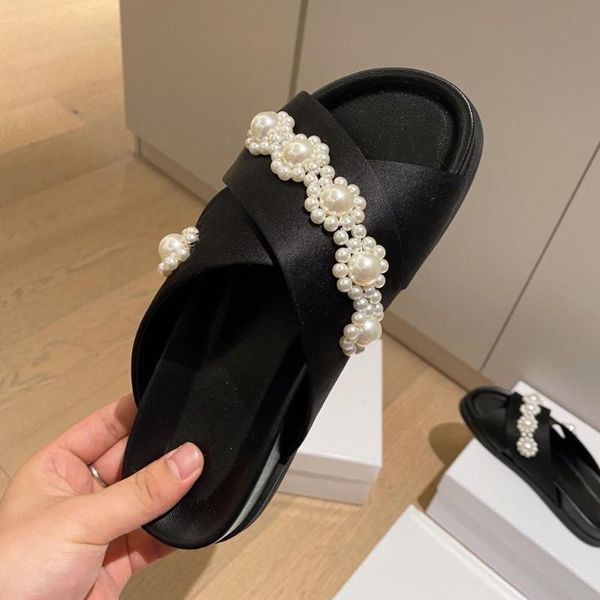 

2020 women slippers comfort women shoes round toe shoes woman classic pearl slippers fashion genuine leather sweet slides, Black