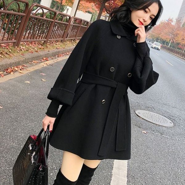 

women 2020 spring autumn double-faced wool coat female double breasted woolen outwear with sashes ladies large size jackets l75, Black