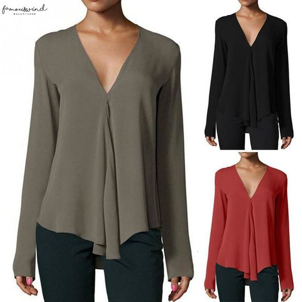 

autumn womens blouses casual fashion v neck long sleeve shirts office ladies blouses chiffon shirt solid applique black red ol, White