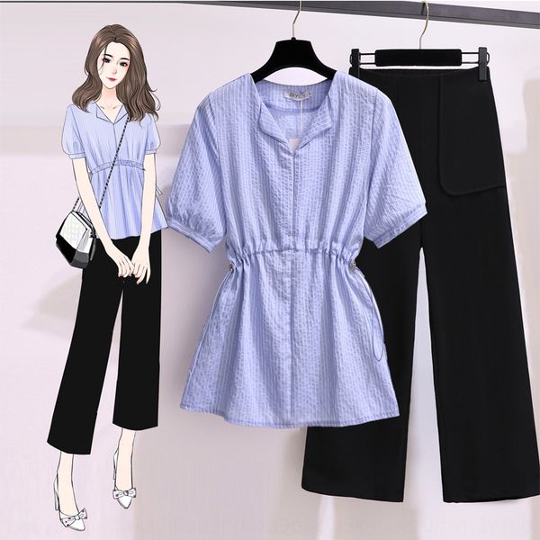 

fjq2f fat sister suit fashionable casual temperament large shirt wide leg pants size women's clothing 2020 summer striped shirt wide le, Gray