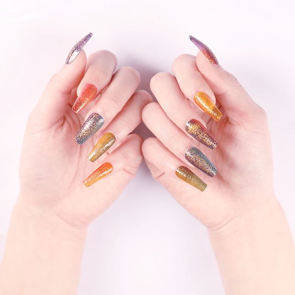 

gradient glitter powder trapezoid ballet fake nails material long style wearable full cover finished nail t, Red;gold