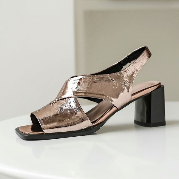 

sandals women genuine leather thick heels ladies shoes elegant 2020 summer new arrival party wedding shoes woman, Black