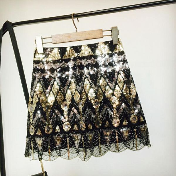 

women's fashion elastic waist sequined package hip skirt beaded ruffles skirt, Black