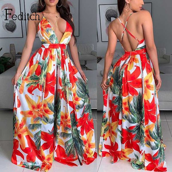

feditch 2020 chiffon dress deep v-neck floral print spaghetti strap summer dress women beach wear long dresses club vestido, Black;gray