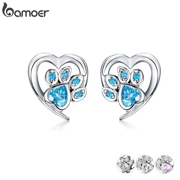

bamoer blue crystal stud earrings for girl heart shape cz footprint ear studs jewelry women 2020 new design bijoux sce654, Golden;silver