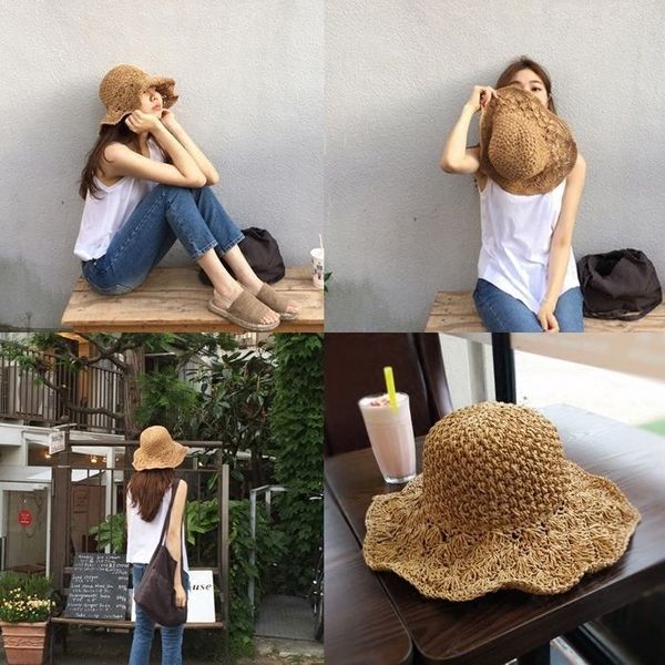 

korean new style big edge sun sunscreen handmade straw stitch hat summer seaside holiday sunscreen hat, Blue;gray
