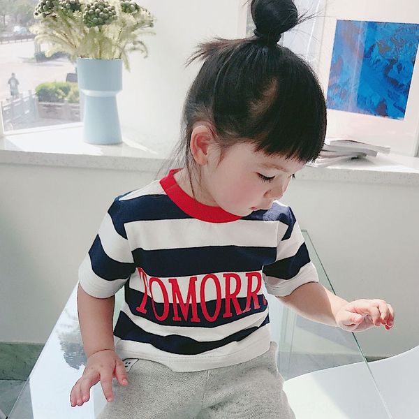 

tk19029ot ins boys t-shirt and girls children's clothing today today tomorrow tomorrow striped short-sleeved t-shirt, White;black