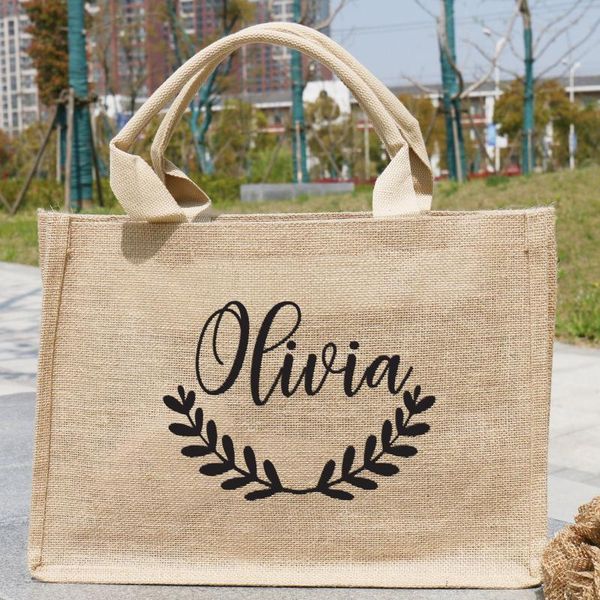 

bridesmaid tote bags with wreath burlap satin ribbon your name wedding welcome bachelorette jute garment bag personalized gift
