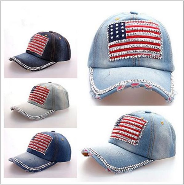 Cappelli designer lavati in denim Bling Rhinestone USA FLAG NAZIONALE BASSEBALL BASSEBALL Curve Cotton Sports Golf Blue Jean Sun Sun per uomo femminile