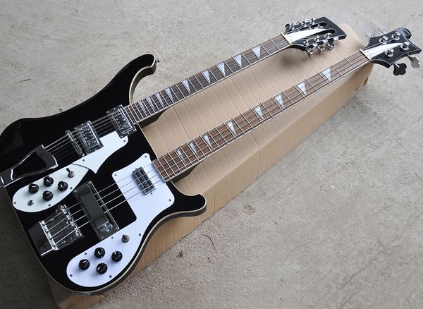 Fábrica preto 12 + 4 cordas dupla pescoço guitarra elétrica Ricken atacado com pickguard branco, Rosewood fretboard, pode ser personalizado