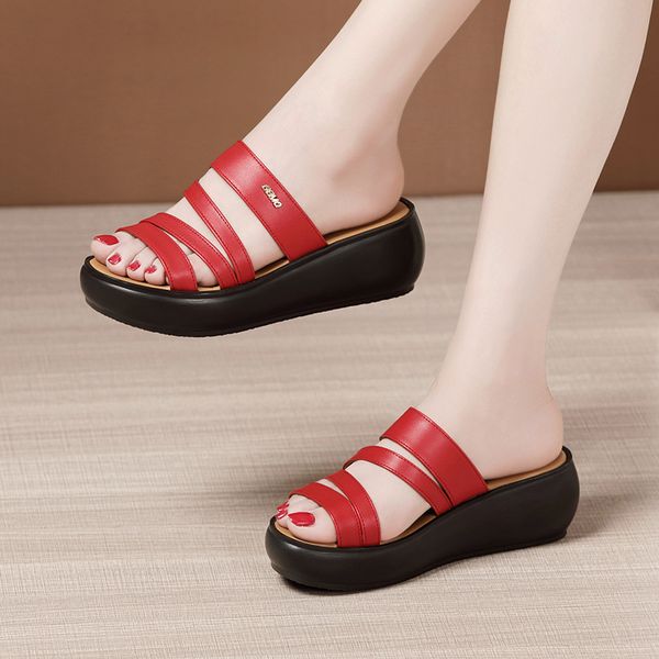 

plus size 32-43 medium heels leather slippers women shoes summer 2020 open head platform wedges slippers ladies slides, Black